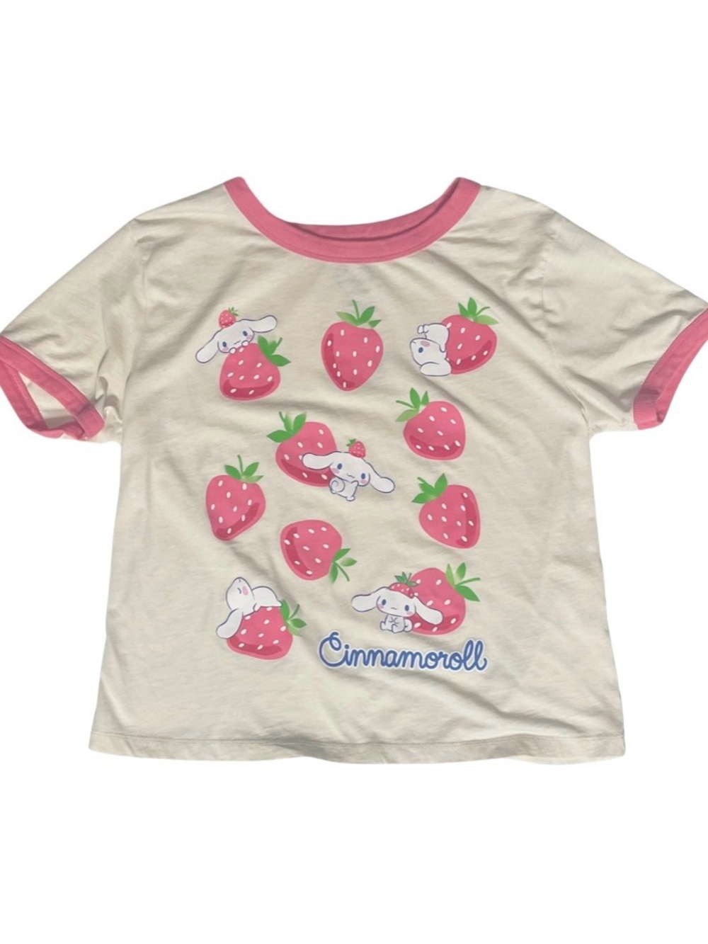 Sanrio Cinnamoroll Cream & Pink Strawberry Graphic Baby Tee women's size Small
